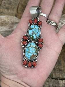 Navajo Sterling Kingman Web Turquoise & Red Coral Taos Pendant Bea Tom