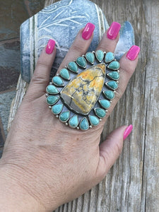 Navajo Sterling Bumblebee Jasper  and Turquoise Stone Ring Sz 9.5