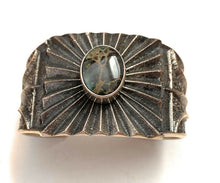 Load image into Gallery viewer, Navajo Tibetan Turquoise &amp; Sterling Silver Tufa Cast Cuff Bracelet Signed