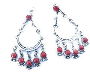 Navajo Natural Red Coral Sterling Silver Chandelier Style Dangle Earrings