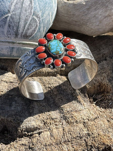 Navajo Sterling Kingman Web Turquoise & Red Coral Taos Bracelet Cuff