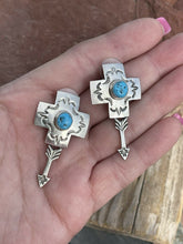 Load image into Gallery viewer, Navajo Sterling Silver Kingman Turquoise Cross Arrow Dangle Earrings