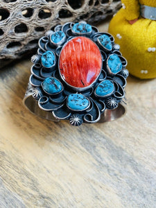 Navajo Turquoise, Orange Spiny & Sterling Silver Cuff Bracelet Signed