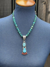 Load image into Gallery viewer, Navajo Sterling Kingman Web Turquoise &amp; Red Coral Taos Pendant Danny Clark