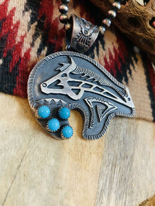 Navajo Turquoise & Sterling Silver Fetish Bear Pendant Signed
