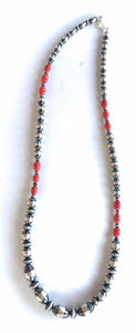 Navajo Sterling Silver Bead & Natural Red Coral Necklace 21 Inches Long