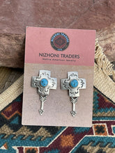 Load image into Gallery viewer, Navajo Sterling Silver Kingman Turquoise Cross Arrow Dangle Earrings