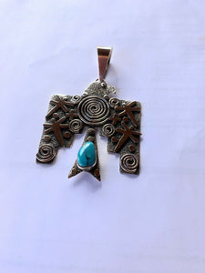 Sterling Silver & Royston Turquoise Navajo Thunderbird Pendant By Alex Sanchez