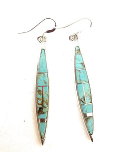 Navajo Number 8 Turquoise And Sterling Silver Inlay Dangle Earrings