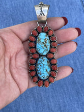 Load image into Gallery viewer, Navajo Sterling 2 Stone Kingman Web Turquoise &amp; Red Coral Taos Pendant