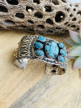 Load image into Gallery viewer, Vintage Navajo Turquoise &amp; Sterling Silver Hand Stamped Cuff Bracelet