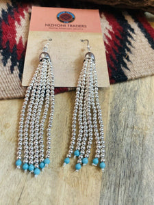 Navajo Turquoise & Sterling Silver Beaded Tassel Dangle Earrings