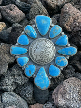 Load image into Gallery viewer, Gorgeous Navajo Sterling Silver Coin &amp; Kingman Turquoise Adjustable Ring