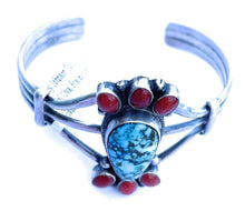 Load image into Gallery viewer, Navajo Sterling Kingman Web Turquoise &amp; Red Coral Taos Bracelet Cuff Johnson
