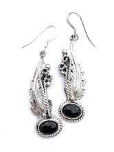 Load image into Gallery viewer, Navajo Onyx And Sterling Silver Stamped Feather Dangles