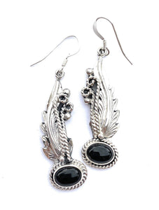 Navajo Onyx And Sterling Silver Stamped Feather Dangles