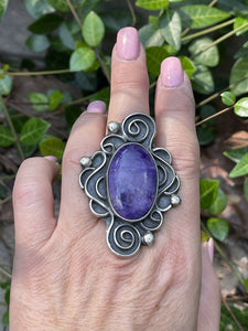 Navajo Purple Charoite & Sterling Silver Swirl Statement Ring Size 7
