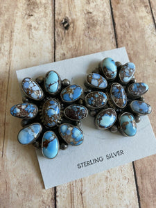 Navajo Sterling Silver & Golden Hills Turquoise  Cluster Post Earrings Signed