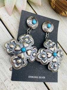 Navajo Turquoise & Sterling Silver Concho Cross Dangle Earrings By Tim Yazzie