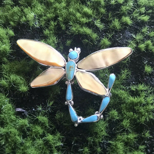 Zuni Sterling Silver & Multi Stone Dragonfly Pendant Pin