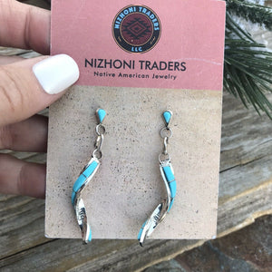 Zuni Turquoise Sterling Silver Twist Dangle Earrings Signed
