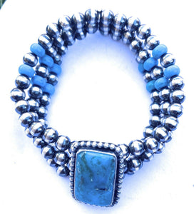 Navajo Turquoise & Sterling Silver Navajo Pearl Beaded Stretch Bracelet
