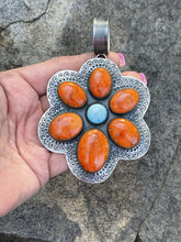 Load image into Gallery viewer, Navajo Sterling Silver Turquoise &amp; Orange Spiny Flower Pendant Signed