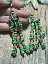 Load image into Gallery viewer, Navajo Sterling Dyed Green Kingman Turquoise and Pink Coral Bead Earrings