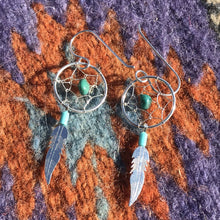 Load image into Gallery viewer, Navajo Sterling Silver  Turquoise Dream Catcher, Dangle Earrings