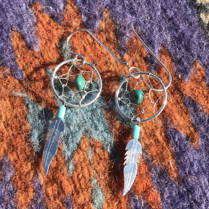 Navajo Sterling Silver  Turquoise Dream Catcher, Dangle Earrings