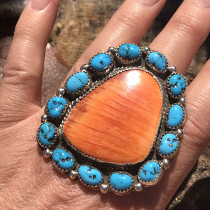 Navajo Cluster Turquoise Spiny Oyster Sterling Silver Ring Sz  8