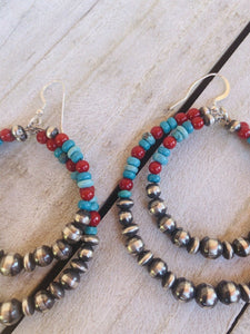 Navajo Turquoise, Coral & Sterling Silver Navajo Pearl Dangle Hoop Earrings