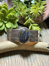 Load image into Gallery viewer, Unique Navajo Sterling Silver &amp; Rainbow Stone Signed Cuff Bracelet