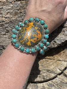 Navajo Sterling Silver Bumblebee Jasper & Turquoise Cluster Cuff Bracelet