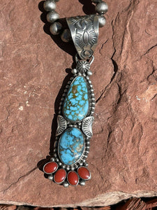 Navajo Sterling Kingman Web Turquoise & Red Coral Taos Pendant Danny Clark