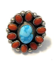 Load image into Gallery viewer, Navajo Sterling Silver Kingman Web Turquoise &amp; Red Coral Taos Ring Sz 5.5