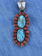 Load image into Gallery viewer, Navajo Sterling 2 Stone Kingman Web Turquoise &amp; Red Coral Taos Pendant
