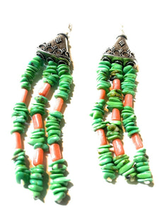 Navajo Sterling Dyed Green Kingman Turquoise and Pink Coral Bead Earrings