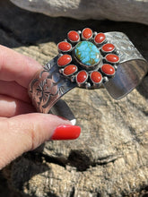 Load image into Gallery viewer, Navajo Sterling Kingman Web Turquoise &amp; Red Coral Taos Bracelet Cuff