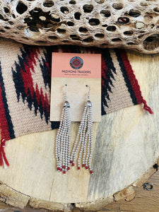 Navajo Coral & Sterling Silver Beaded Tassel Dangle Earrings