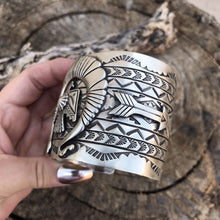 Load image into Gallery viewer, Sterling Silver Navajo Stamped Thunderbird Cuff Made By Rick Enrique