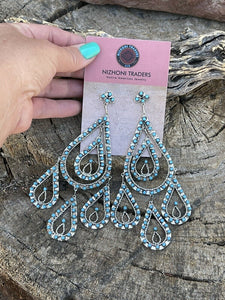 Zuni Sterling Silver & Snake Eye Chandelier Turquoise Dangle Earrings