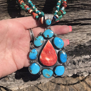 Navajo Sterling Silver Spiny Oyster And Kingman Turquoise Pendant