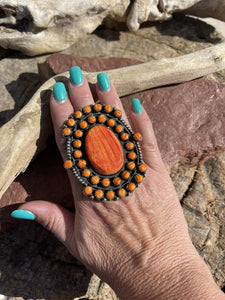 Navajo Sterling Silver Orange Spiny Cluster Jumbo Ring Sz 9