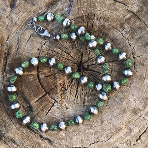 Navajo Sterling Silver Beads With Green Turquoise Accent Stones Necklace