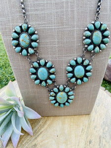 Navajo Carico Lake Turquoise & Sterling Silver Cluster Necklace Signed