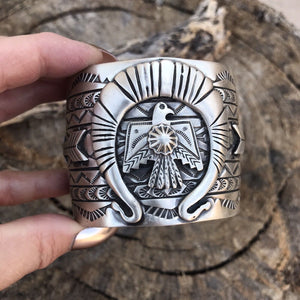 Sterling Silver Navajo Stamped Thunderbird Cuff Made By Rick Enrique