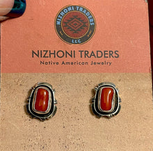 Load image into Gallery viewer, Navajo Sterling Silver And Coral Stud Earrings Signed