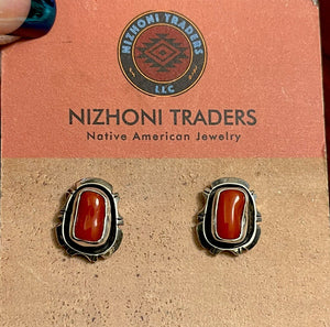 Navajo Sterling Silver And Coral Stud Earrings Signed