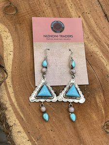 Navajo Sterling Southwest Triangle Pink Jasper Turquoise  Hook Dangle Earrings